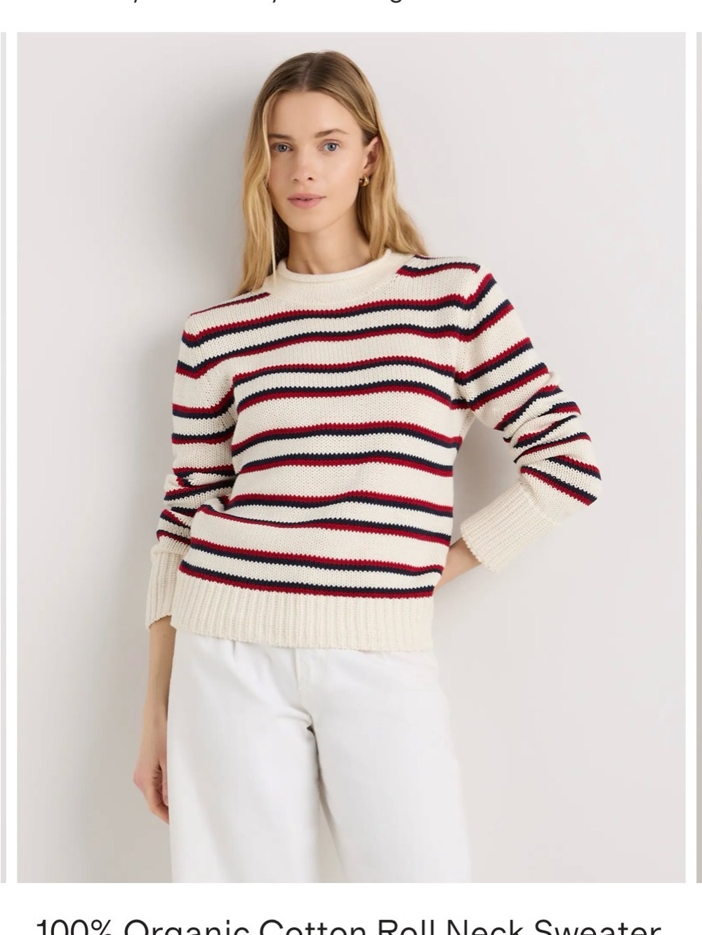 Quince women’s  cotton roll neck  Striped Knit Sweater with Red & navy New ! - Picture 4 of 7